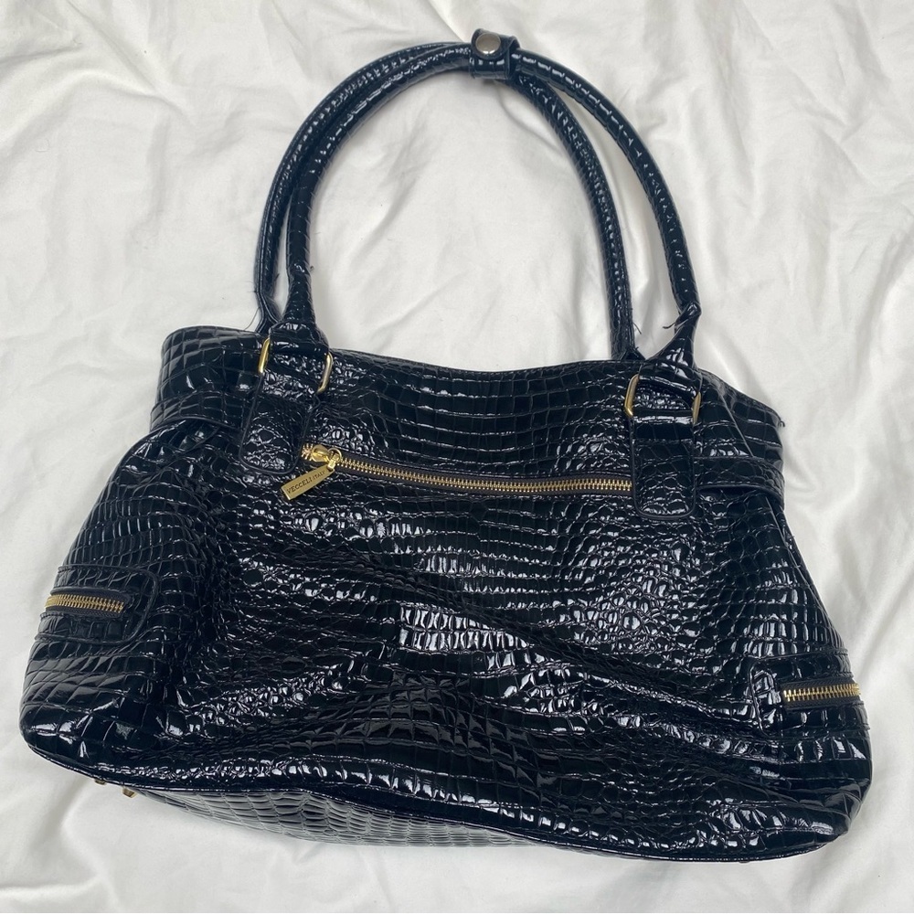 Vecceli Italy Faux Crocodile Embossed Handbag black gold - Picture 2 of 9